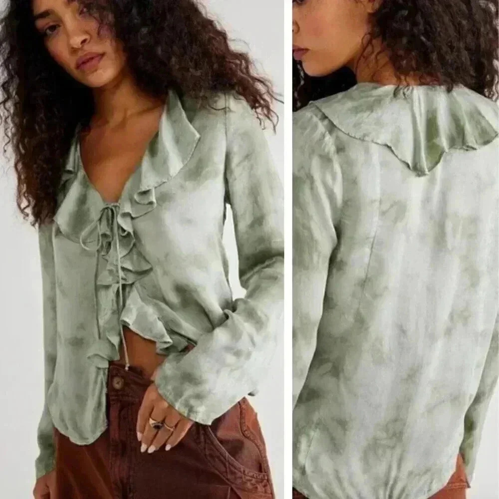 Free People Green Ruffle Blouse